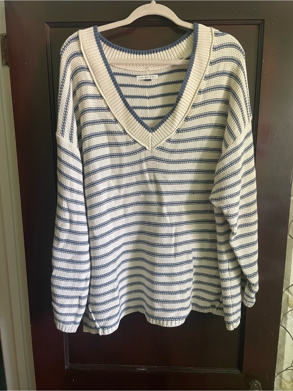American Eagle Outfitters Cream & Blue Striped V-Neck Sweater